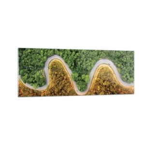 Glasbild - Bild auf glas - Eine kurvenreiche Straße durch den Wald aus der Vogelperspektive gesehen - 140x50cm - Grenzen und Durchbrüche - Moderne Wanddekoration für Wohnzimmer und Schlafzimmer ARTTOR