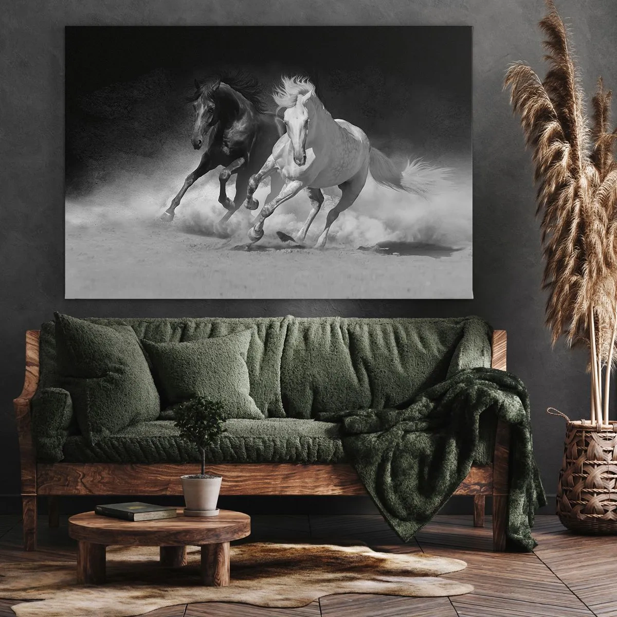Bild auf Leinwand - Leinwandbild - Laufende Pferde in Schwarz und Weiß - 70x50cm - Galopp der Freiheit - Moderne Wanddekoration für Wohnzimmer und Schlafzimmer ARTTOR