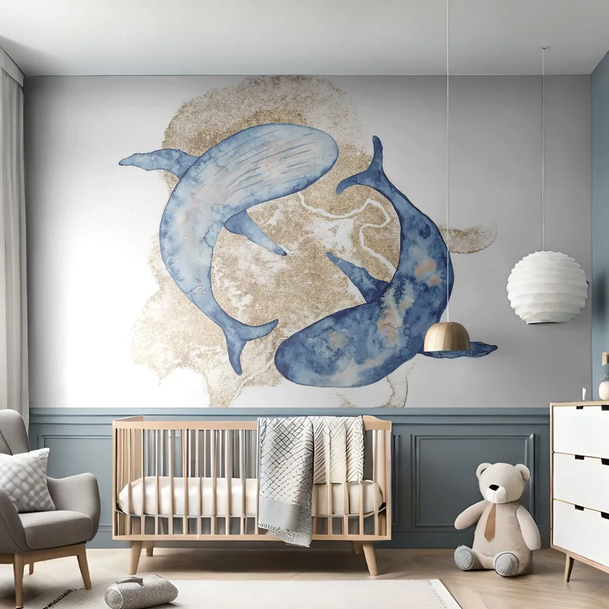 Fototapete Premium Sand - Zwei Wale im Aquarellstil auf hellem Hintergrund - 100x70cm - Freundschaft oder Liebe? - Moderne Wanddekoration für Wohnzimmer und Schlafzimmer ARTTOR