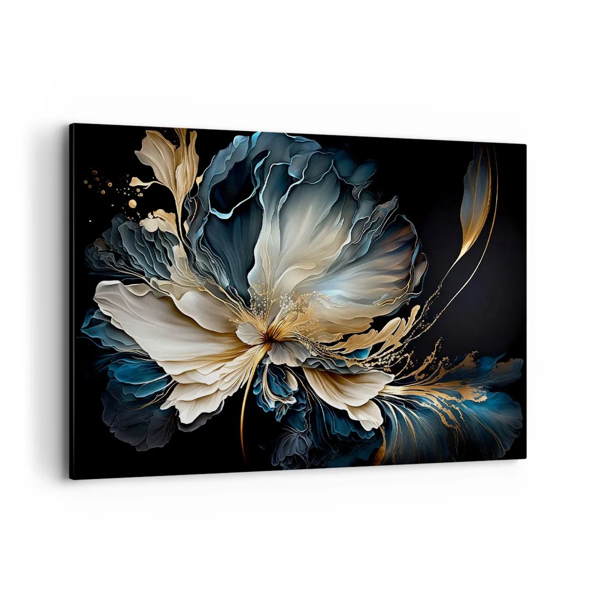Bild auf Leinwand - Leinwandbild - Eine Blume in Gold- und Marineblautönen auf schwarzem Hintergrund - 120x80cm - Märchenhafte Farnblume - Moderne Wanddekoration für Wohnzimmer und Schlafzimmer ARTTOR