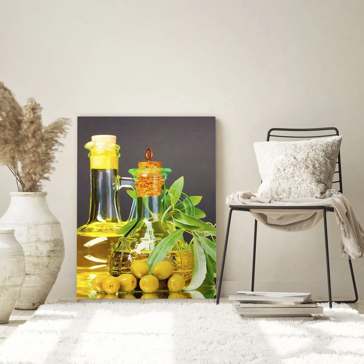 Glasbild - Bild auf glas - Flaschen mit Olivenöl und Olivenbaumzweigen - 70x100cm - Stillleben mit Oliven und Olivenöl - Moderne Wanddekoration für Wohnzimmer und Schlafzimmer ARTTOR