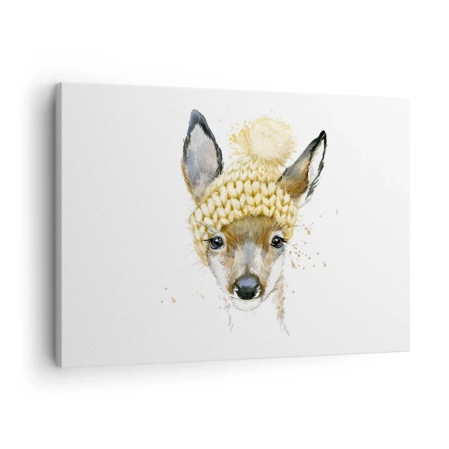 Bild auf Leinwand - Leinwandbild - Aquarell Hirsch in einer gelben Mütze - 70x50cm - Für den Winter im verschneiten Wald - Moderne Wanddekoration für Wohnzimmer und Schlafzimmer ARTTOR