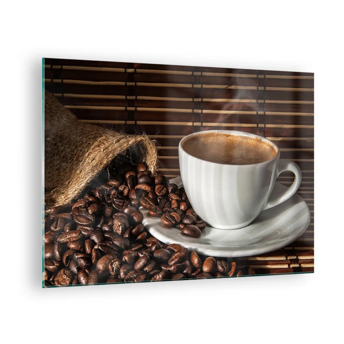 Glasbild - Bild auf glas - Eine Tasse Kaffee mit Bohnen auf rustikalem Hintergrund - 70x50cm - Die Schwärze von Kohle, die Klarheit von Bernstein - Moderne Wanddekoration für Wohnzimmer und Schlafzimmer ARTTOR