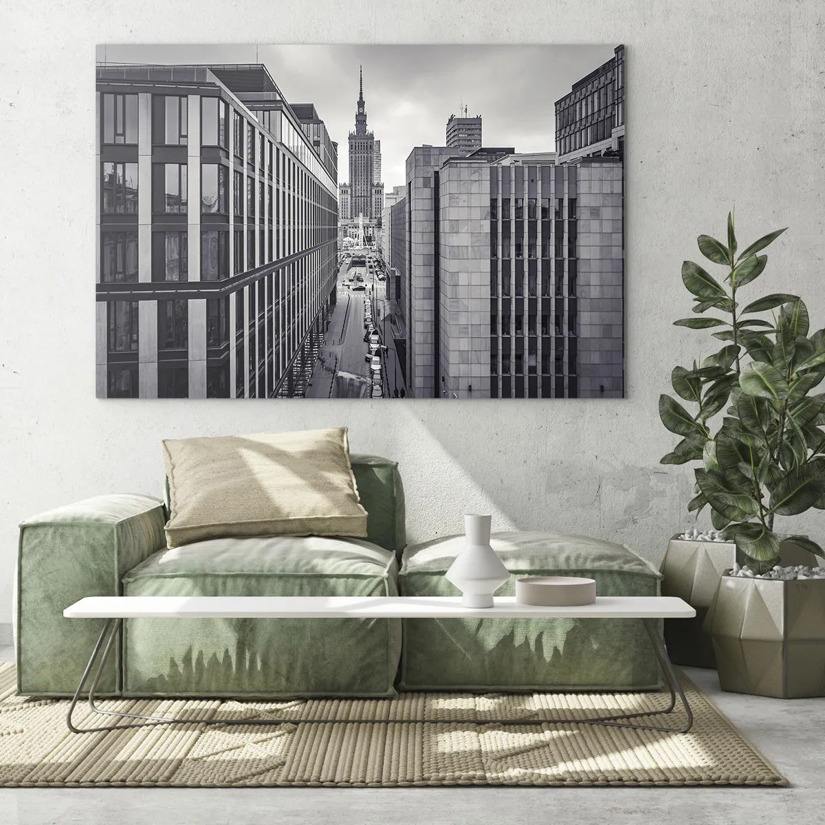 Glasbild - Bild auf glas - Schwarz-weiße Stadtansicht mit Wolkenkratzern und einer Straße - 120x80cm - Warschauer Tal - Moderne Wanddekoration für Wohnzimmer und Schlafzimmer ARTTOR