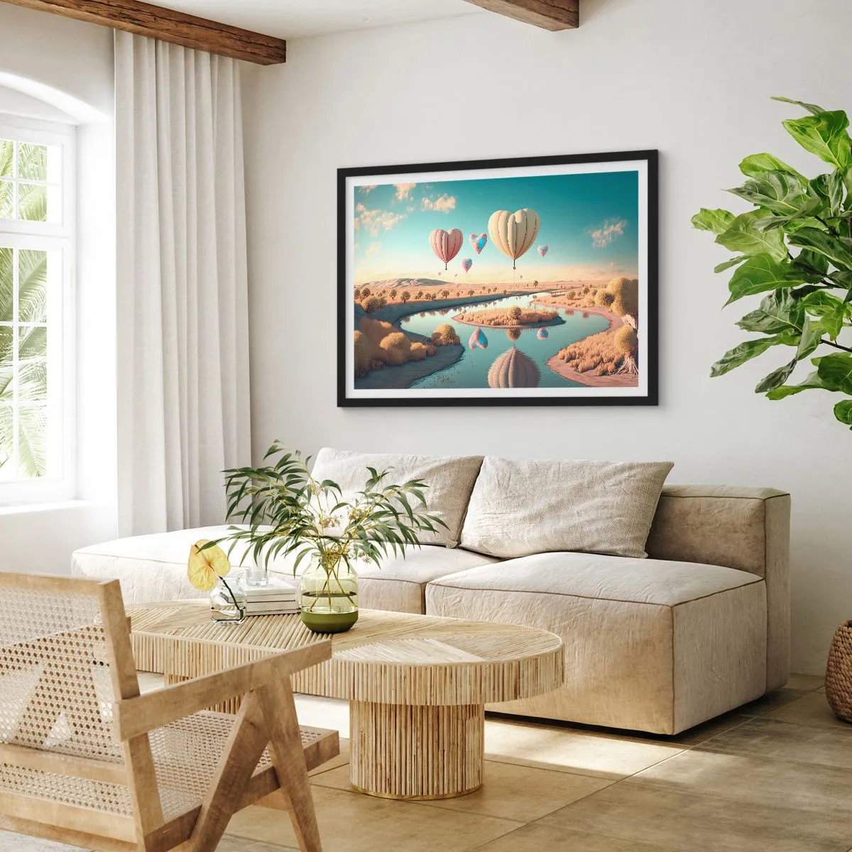 Poster in einem schwarzem Rahmen - Herzförmige Ballons schweben über der Landschaft - 100x70cm - Dank Liebe steigt man auf - Moderne Wanddekoration für Wohnzimmer und Schlafzimmer ARTTOR
