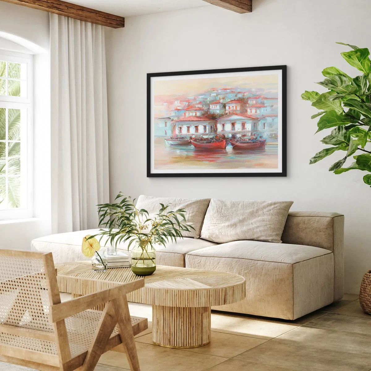 Poster in einem schwarzem Rahmen - Bunte Boote und malerische Gebäude am Wasser in Pastelltönen - 100x70cm - Glückliche Stadt - Moderne Wanddekoration für Wohnzimmer und Schlafzimmer ARTTOR