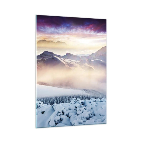 Glasbild - Bild auf glas - Winterliche Berglandschaft mit untergehender Sonne und Nebel - 50x70cm - Die Kraft und Reinheit der Natur - Moderne Wanddekoration für Wohnzimmer und Schlafzimmer ARTTOR