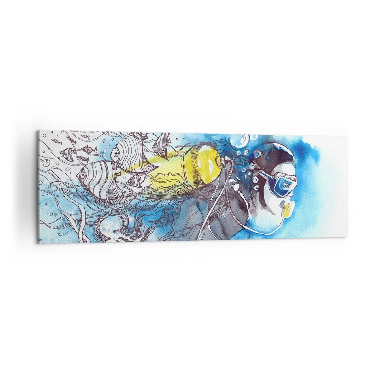 Bild auf Leinwand - Leinwandbild - Unterwasserszene mit einem Taucher und exotischen Fischen - 160x50cm - Tolles Blau - Moderne Wanddekoration für Wohnzimmer und Schlafzimmer ARTTOR