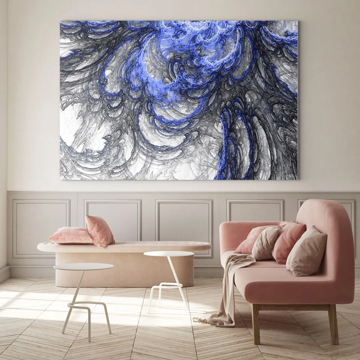 Glasbild - Bild auf glas - Dynamische Abstraktion in Blau- und Grautönen - 70x50cm - Die Geburt einer Welle - Moderne Wanddekoration für Wohnzimmer und Schlafzimmer ARTTOR