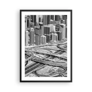 Poster in einem schwarzem Rahmen - Stadtpanorama mit Straßennetz im Schwarz-Weiß-Stil - 50x70cm - Dubai - die unmögliche Stadt - Moderne Wanddekoration für Wohnzimmer und Schlafzimmer ARTTOR