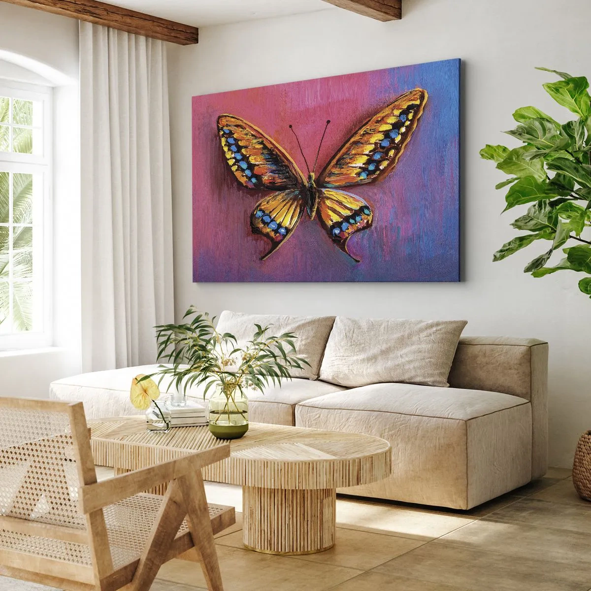 Bild auf Leinwand - Leinwandbild - Bunter Schmetterling auf abstraktem Hintergrund - 100x70cm - Ein Juwel der Natur - Moderne Wanddekoration für Wohnzimmer und Schlafzimmer ARTTOR