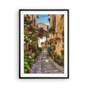 Poster in einem schwarzem Rahmen - Eine bezaubernde Straße mit Blumen und einem Kopfsteinpflasterweg an einem sonnigen Tag - 50x70cm - Italienische Gasse - Moderne Wanddekoration für Wohnzimmer und Schlafzimmer ARTTOR