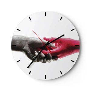 Wanduhr - Glasuhr - Symbolischer Händedruck in Schwarz und Rot - 30x30cm - Gemeinsam, obwohl anders - Moderne Wanddekoration für Wohnzimmer, Küche und Schlafzimmer ARTTOR