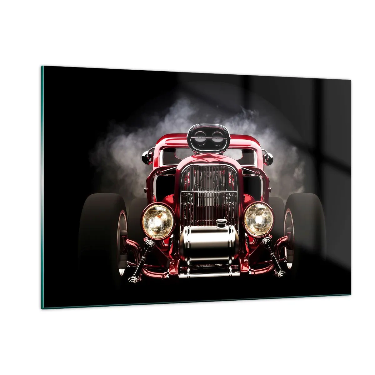 Glasbild - Bild auf glas - Roter Hot Rod in dichtem Rauch - 120x80cm - Schnell und wahnsinnig schön - Moderne Wanddekoration für Wohnzimmer und Schlafzimmer ARTTOR