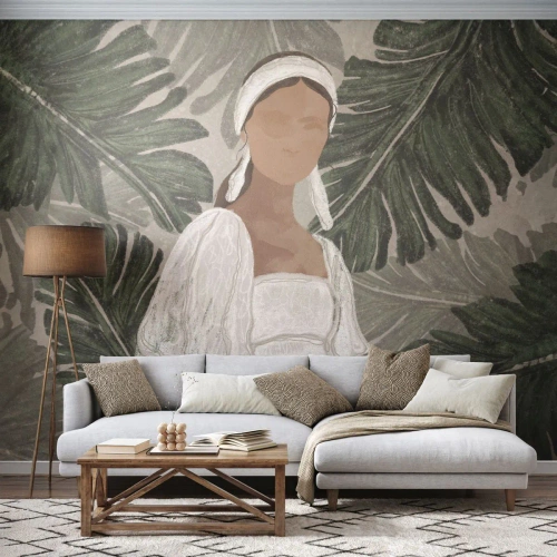 Selbstklebende Fototapete Deluxe Sticker - Exotisches Porträt - Boho, Frau, Blätter - 400x280 cm