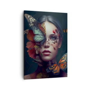 Bild auf Leinwand - Leinwandbild - Porträt einer Frau mit Schmetterlingen und Pflanzenelementen - 50x70cm - Wunderbare Metamorphose - Moderne Wanddekoration für Wohnzimmer und Schlafzimmer ARTTOR