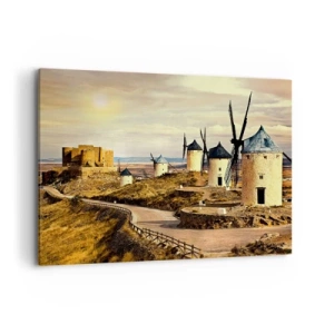 Bild auf Leinwand - Leinwandbild - Windmühlen auf den Hügeln mit einer historischen Burg im Hintergrund - 120x80cm - Don Quijote kommt gleich - Moderne Wanddekoration für Wohnzimmer und Schlafzimmer ARTTOR