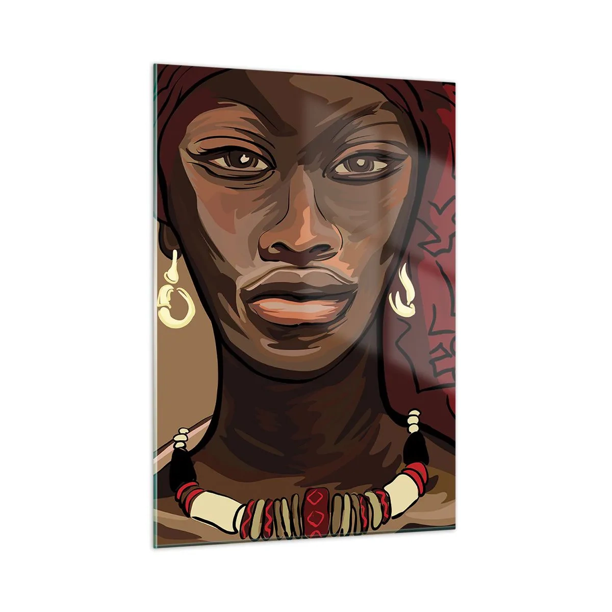 Glasbild - Bild auf glas - Stilisiertes Porträt einer Frau mit rotem Turban und Schmuck. - 50x70cm - Venus aus Ebenholz - Moderne Wanddekoration für Wohnzimmer und Schlafzimmer ARTTOR