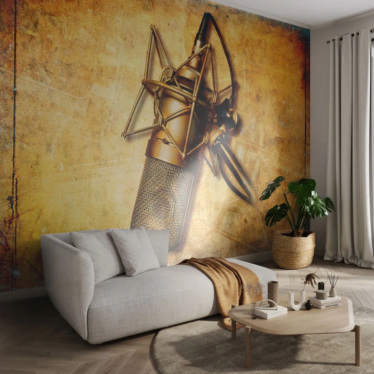 Fototapete Premium Sand - Goldenes Vintage-Studiomikrofon - 100x70cm - Die goldenen Jahre des Radios - Moderne Wanddekoration für Wohnzimmer und Schlafzimmer ARTTOR