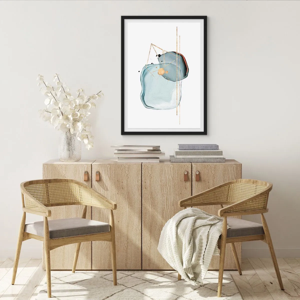 Poster in einem schwarzem Rahmen - Abstrakte Aquarellkomposition mit geometrischem Goldmuster - 50x70cm - Eine Studie über Tropfen - Moderne Wanddekoration für Wohnzimmer und Schlafzimmer ARTTOR