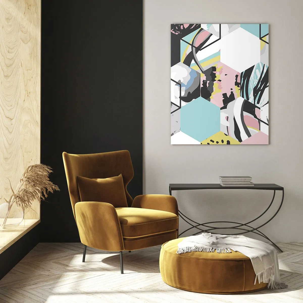 Glasbild - Bild auf glas - Bunte Würfel und Sechsecke in moderner Komposition - 50x70cm - Sechsecke und Würfel in sechs Farben - Moderne Wanddekoration für Wohnzimmer und Schlafzimmer ARTTOR