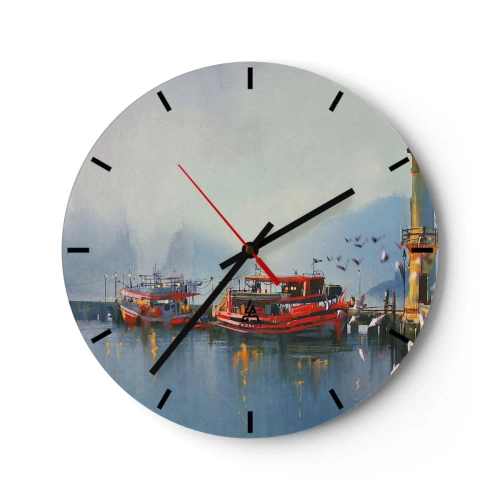 Wanduhr - Glasuhr - Ein Hafen mit roten Booten auf ruhigem Wasser am Morgen - 30x30cm - Am Ende der Welt - Moderne Wanddekoration für Wohnzimmer, Küche und Schlafzimmer ARTTOR