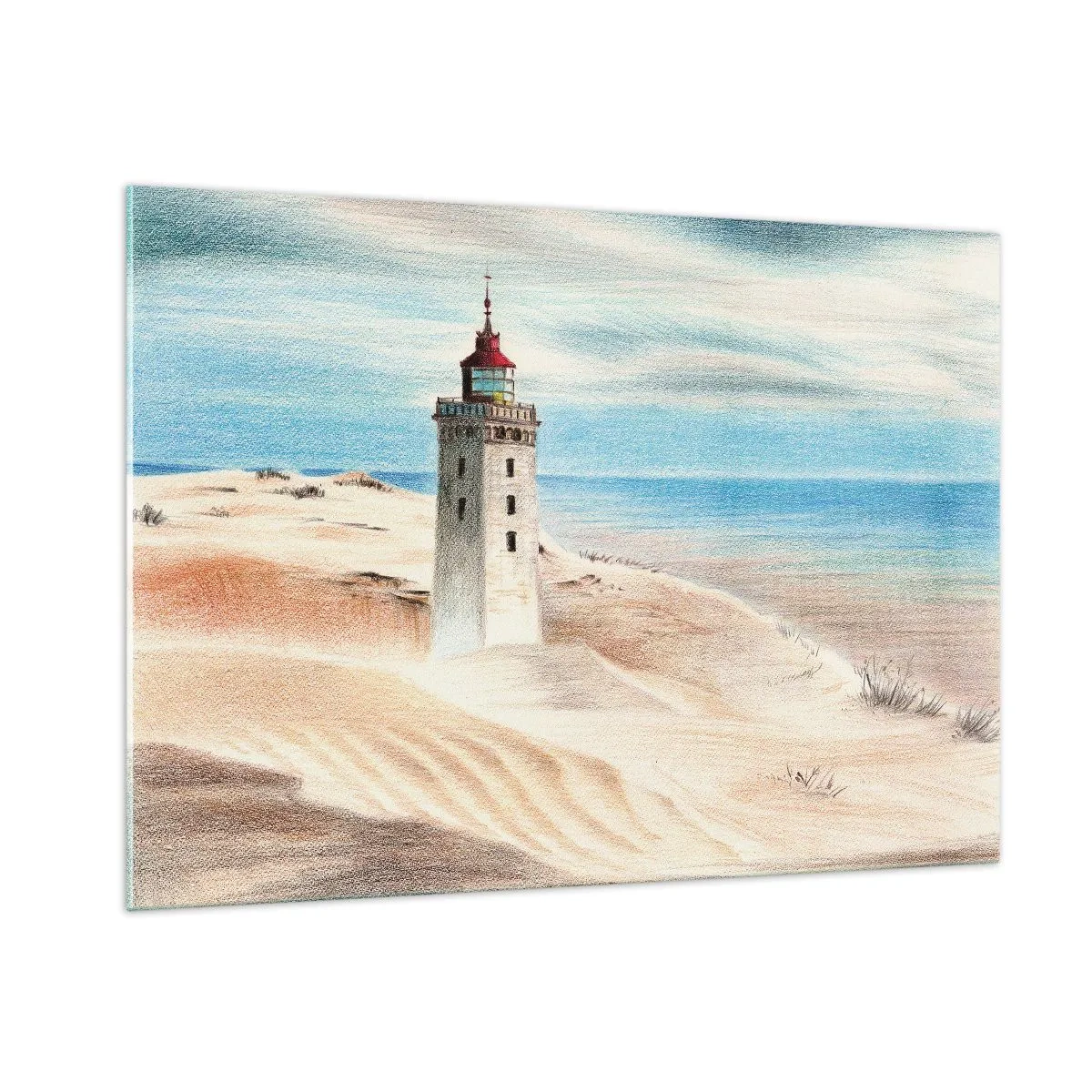 Glasbild - Bild auf glas - Ein Leuchtturm auf einer Wüstendüne an einem ruhigen Meer - 100x70cm - Immer aufs Meer starrend - Moderne Wanddekoration für Wohnzimmer und Schlafzimmer ARTTOR