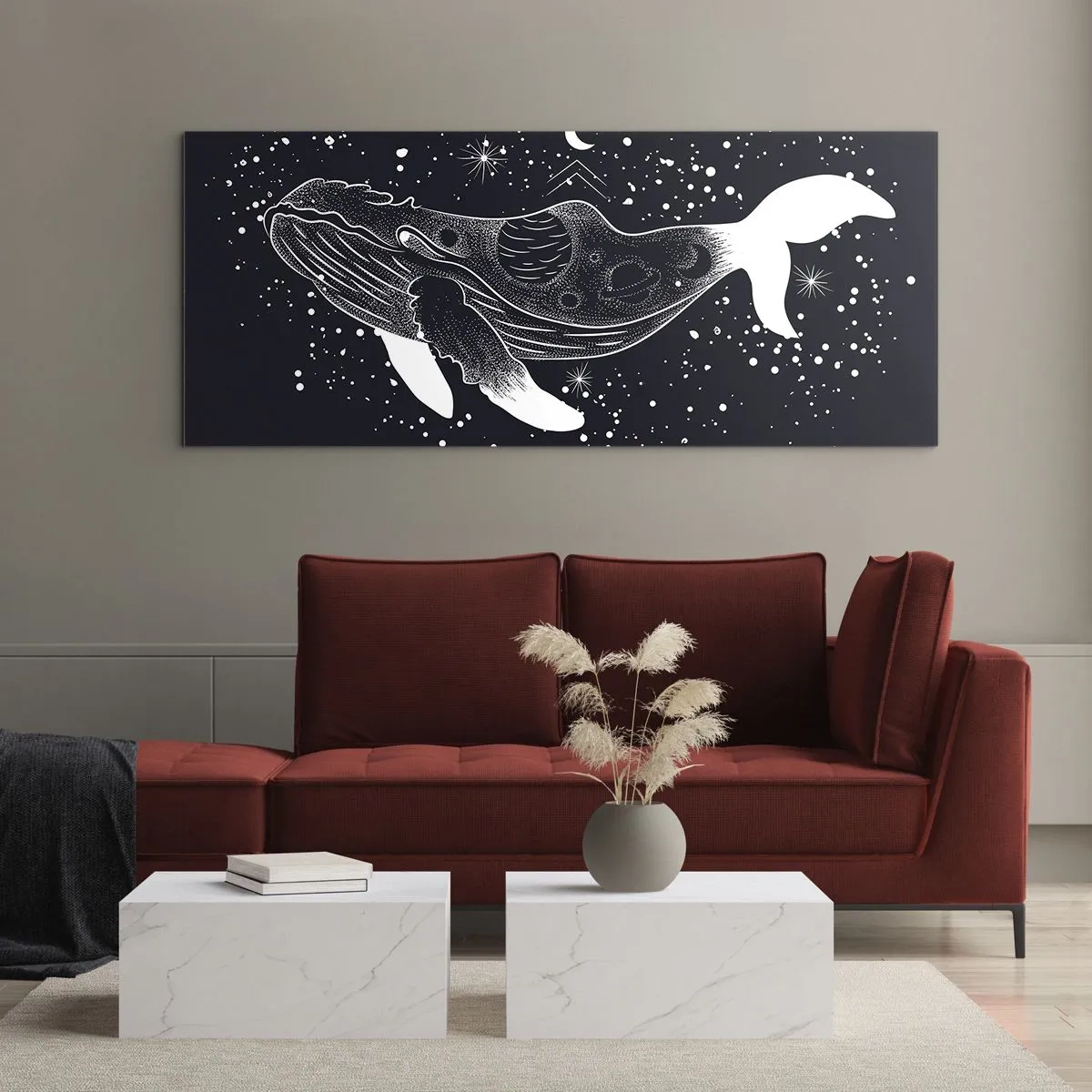 Glasbild - Bild auf glas - Eine grafische Illustration eines Wals im Space-Age-Stil. - 120x50cm - Im Ozean des Universums - Moderne Wanddekoration für Wohnzimmer und Schlafzimmer ARTTOR