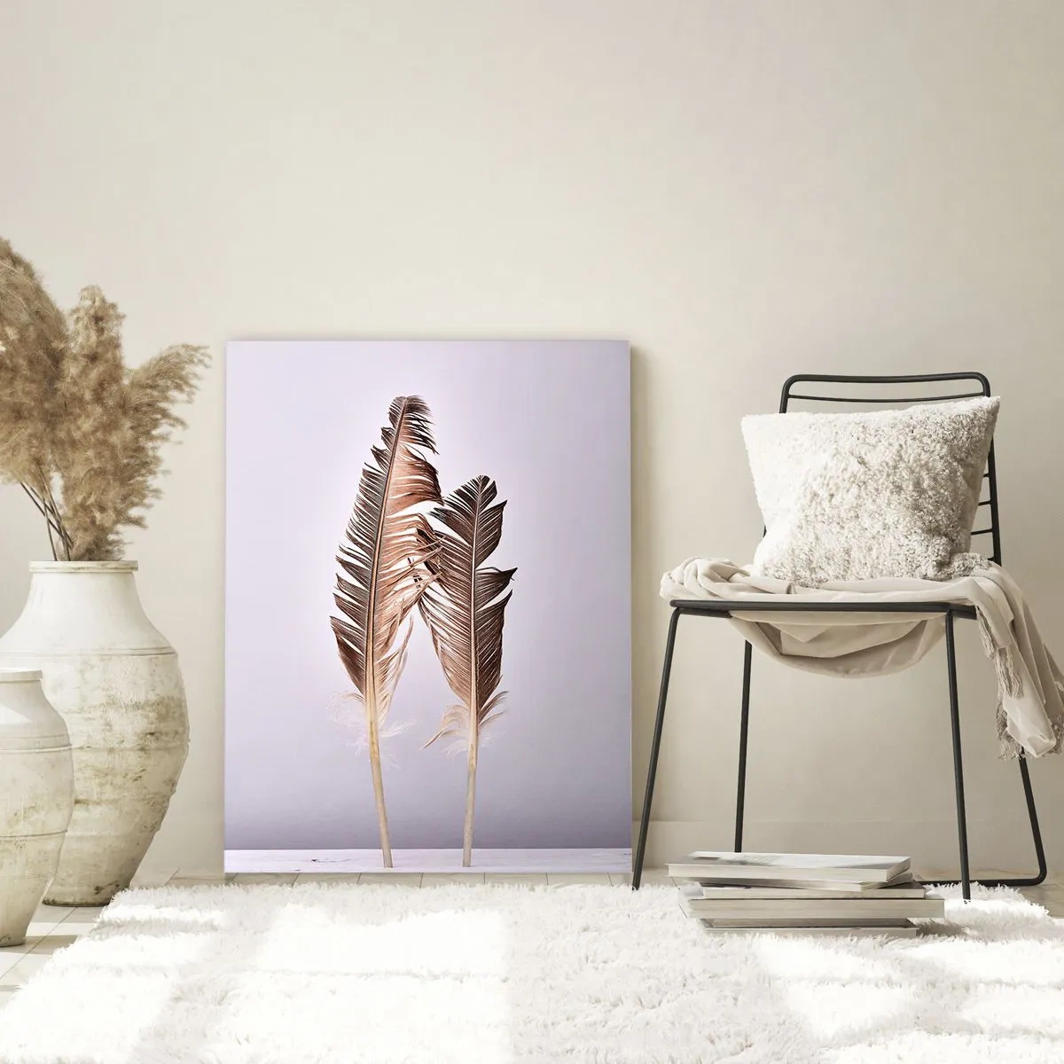 Glasbild - Bild auf glas - Zarte Federn auf hellem Untergrund im minimalistischen Stil - 70x100cm - Gegen das Nichts - Moderne Wanddekoration für Wohnzimmer und Schlafzimmer ARTTOR