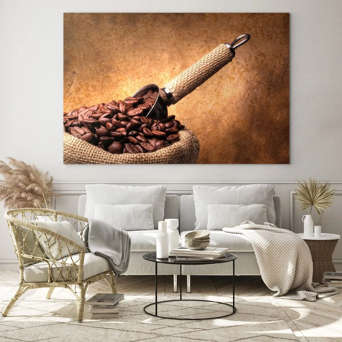 Glasbild - Bild auf glas - Kaffeebohnen in einem Jutebeutel mit einer Metallschaufel - 100x70cm - An der Quelle des Geschmacks - Moderne Wanddekoration für Wohnzimmer und Schlafzimmer ARTTOR