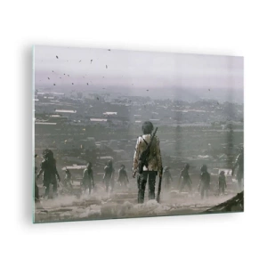 Glasbild - Bild auf glas - Eine Figur mit einem Gewehr in der dunklen Szenerie einer sich nähernden Gruppe - 70x50cm - Letzter Gerechter? - Moderne Wanddekoration für Wohnzimmer und Schlafzimmer ARTTOR
