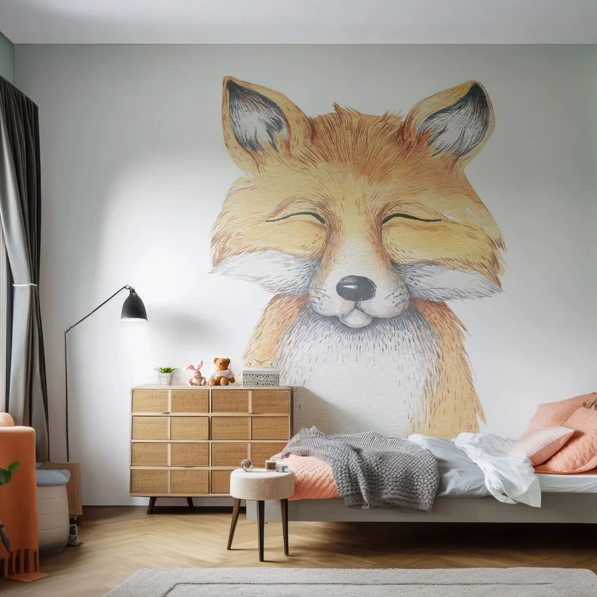 Fototapete Premium Sand - Lächelnder Fuchs im Aquarellstil auf weißem Hintergrund - 100x70cm - Fuchsstimmungen - Moderne Wanddekoration für Wohnzimmer und Schlafzimmer ARTTOR