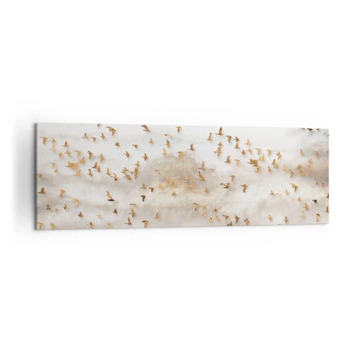 Bild auf Leinwand - Leinwandbild - Goldene Vögel vor den nebligen Bergen - 160x50cm - Es ist schon die Zeit… - Moderne Wanddekoration für Wohnzimmer und Schlafzimmer ARTTOR