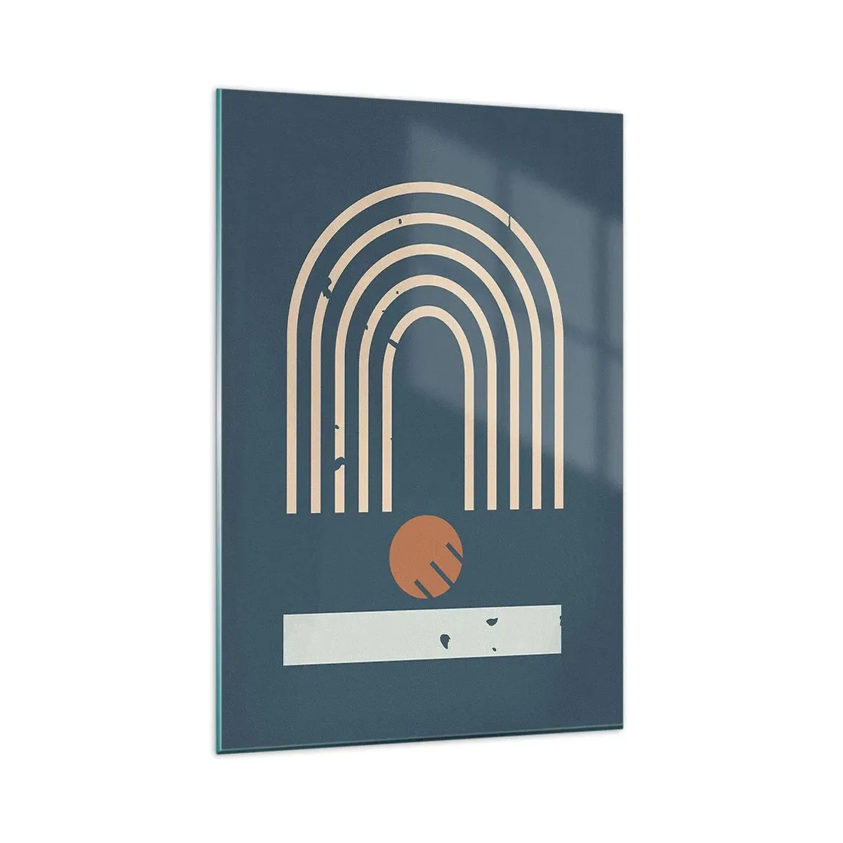 Glasbild - Bild auf glas - Geometrisches Muster in Marineblau-, Beige- und Orangetönen auf dunklem Hintergrund - 80x120cm - Geometrie auf dem Granatapfel - Moderne Wanddekoration für Wohnzimmer und Schlafzimmer ARTTOR