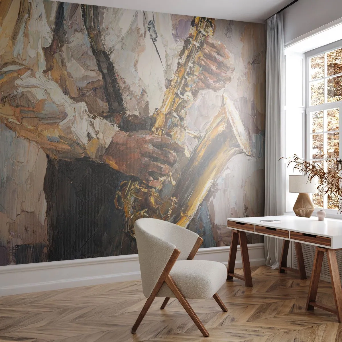 Fototapete Premium Sand - Ein Musiker, der Saxophon im impressionistischen Stil spielt - 100x70cm - Zeit fürs Solo - Moderne Wanddekoration für Wohnzimmer und Schlafzimmer ARTTOR