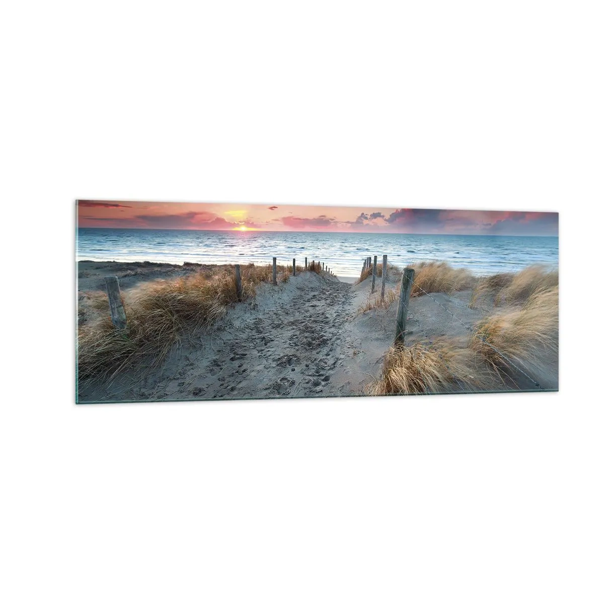 Glasbild - Bild auf glas - Weg zum Strand bei Sonnenuntergang - 140x50cm - Du hast einen Regenbogen aus strahlendem Licht verschüttet ... - Moderne Wanddekoration für Wohnzimmer und Schlafzimmer ARTTOR