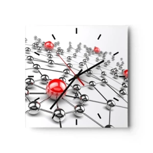 Wanduhr - Glasuhr - Ein Netzwerk aus metallischen Kugeln mit roten Akzenten - 30x30cm - Silbriges Netz - Moderne Wanddekoration für Wohnzimmer und Schlafzimmer ARTTOR