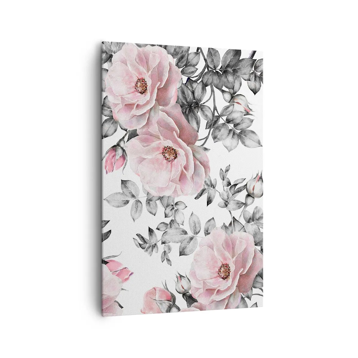 Bild auf Leinwand - Leinwandbild - Rosa Rosen und Blätter auf einem zarten schwarz-weißen Hintergrund - 80x120cm - Verliere dich in den Blüten der Rosen - Moderne Wanddekoration für Wohnzimmer und Schlafzimmer ARTTOR