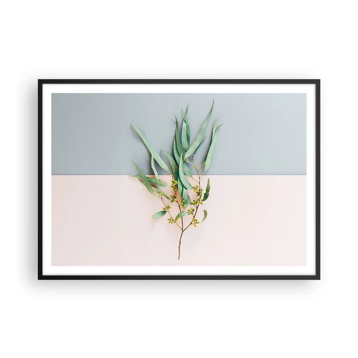 Poster in einem schwarzem Rahmen - Ein Zweig mit Blättern auf einem Hintergrund in Pastelltönen - 100x70cm - Pastellige Subtilität - Moderne Wanddekoration für Wohnzimmer und Schlafzimmer ARTTOR
