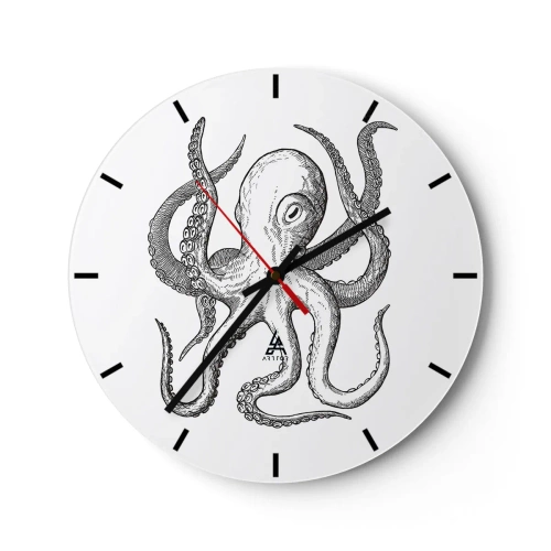 Wanduhr - Glasuhr - Oktopus-Illustration im Vintage-Stil auf weißem Hintergrund - 30x30cm - Mit den Wellen tanzen - Moderne Wanddekoration für Wohnzimmer, Küche und Schlafzimmer ARTTOR