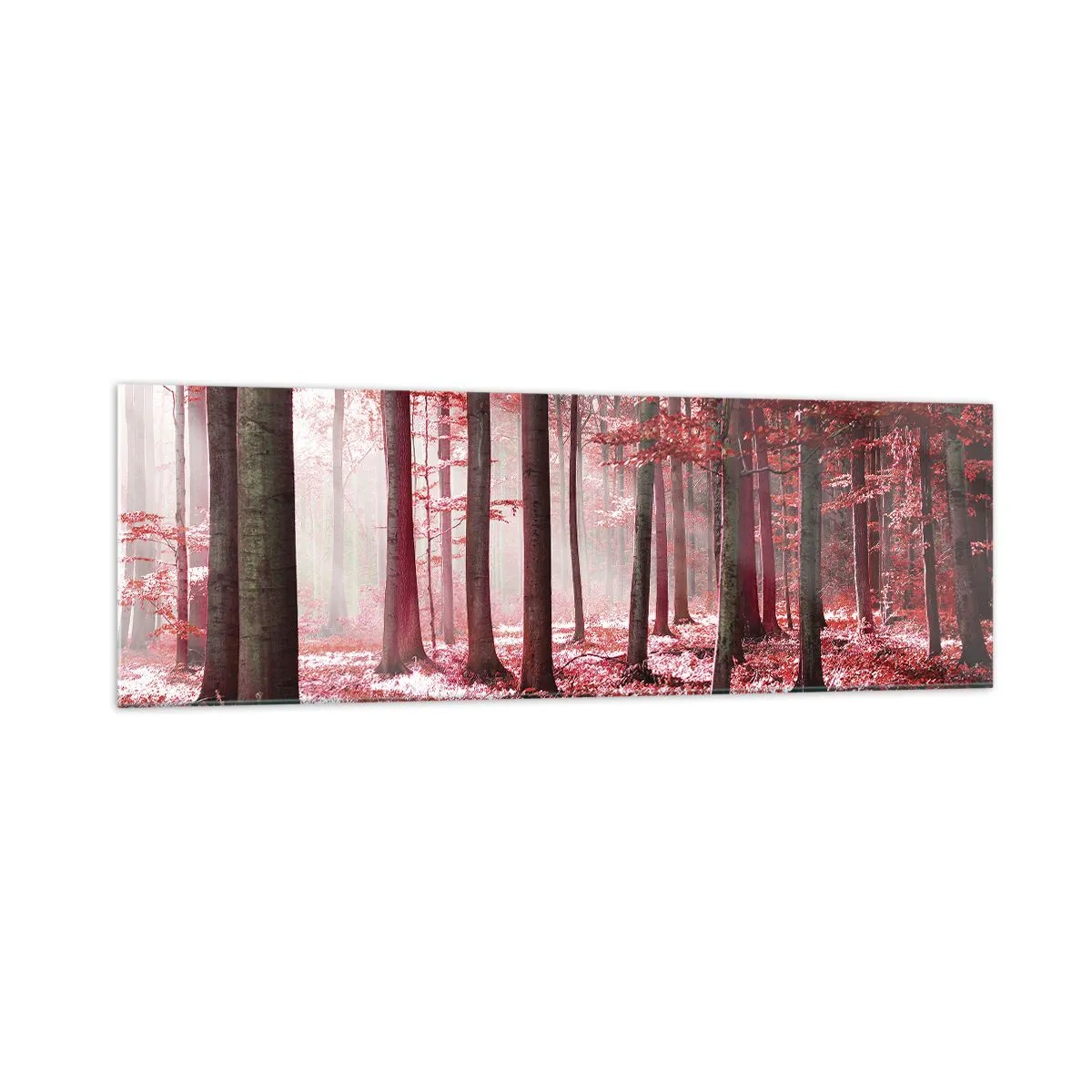 Glasbild - Bild auf glas - Ein atemberaubender Wald in roten Farbtönen mit Lichtstrahlen, die durch die Bäume dringen - 160x50cm - Rot ist genauso schön - Moderne Wanddekoration für Wohnzimmer und Schlafzimmer ARTTOR