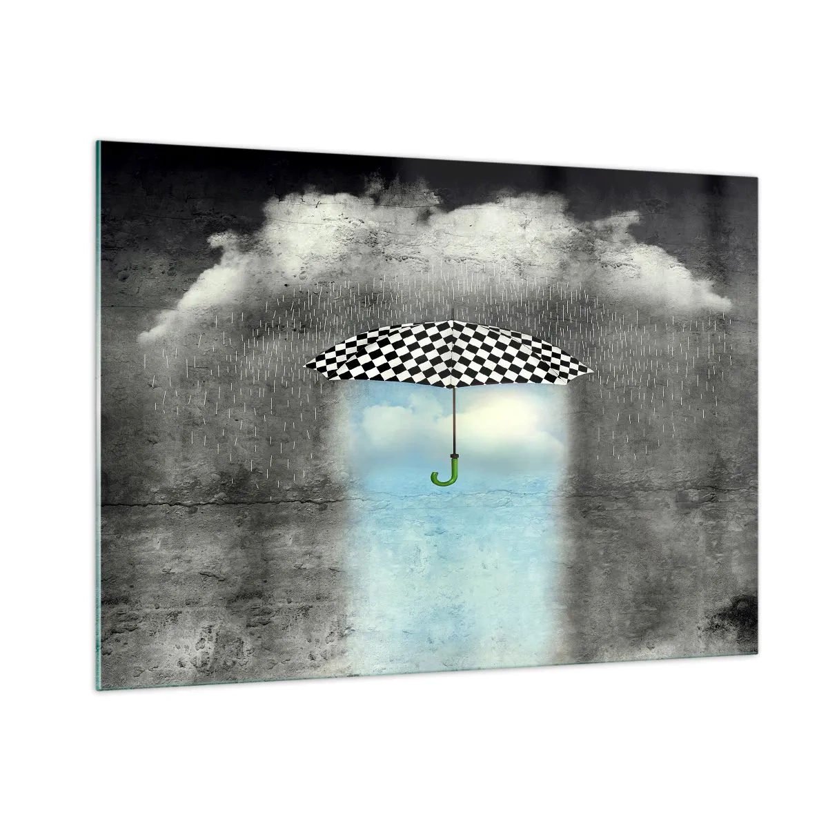 Glasbild - Bild auf glas - Ein schwarz-weiß karierter Regenschirm vor einem Hintergrund aus Regen und Wolken - 100x70cm - Aber möglich - Moderne Wanddekoration für Wohnzimmer und Schlafzimmer ARTTOR