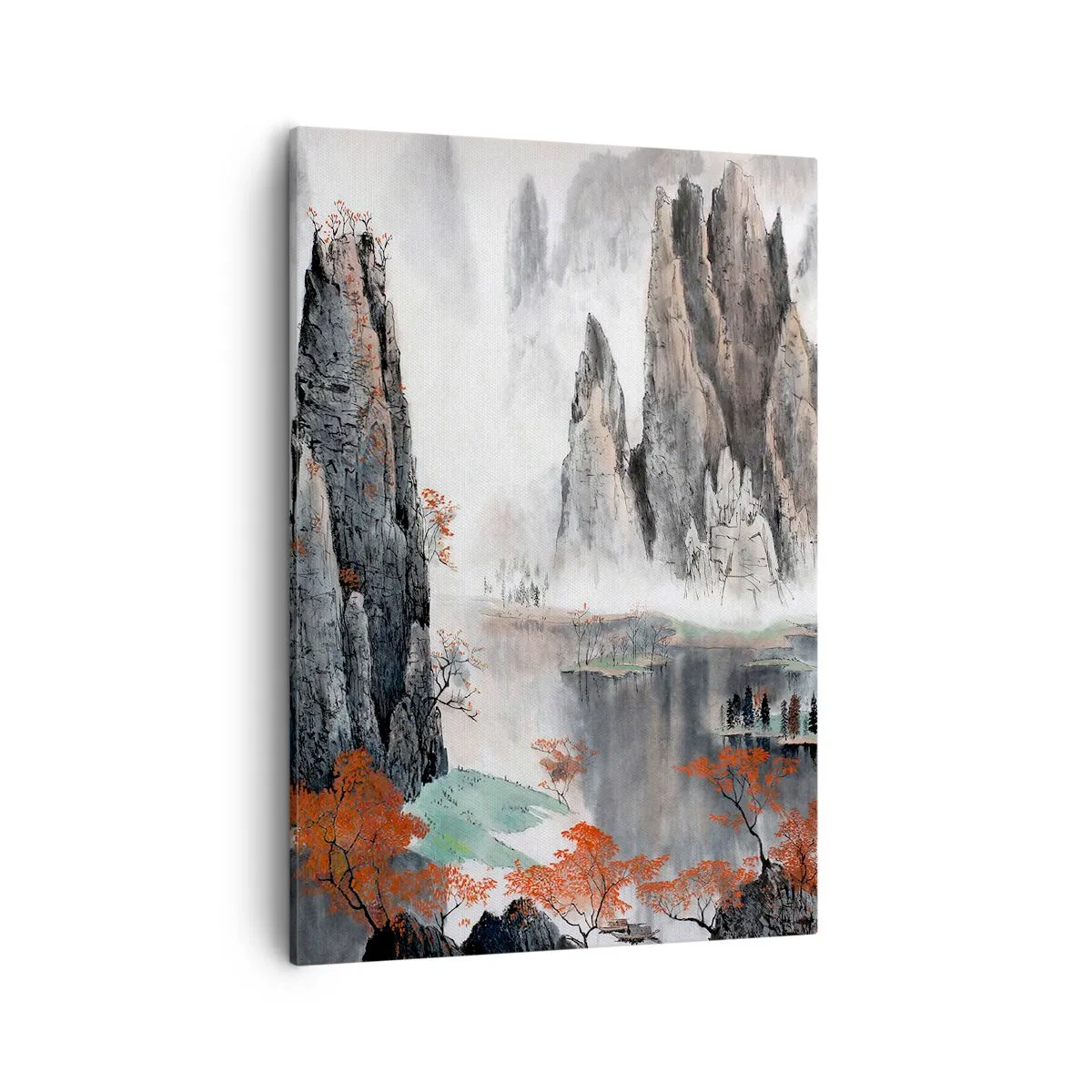 Bild auf Leinwand - Leinwandbild - Malerische Felsen und Bäume in der nebligen chinesischen Landschaft - 50x70cm - Mächtige Wächter - Moderne Wanddekoration für Wohnzimmer und Schlafzimmer ARTTOR