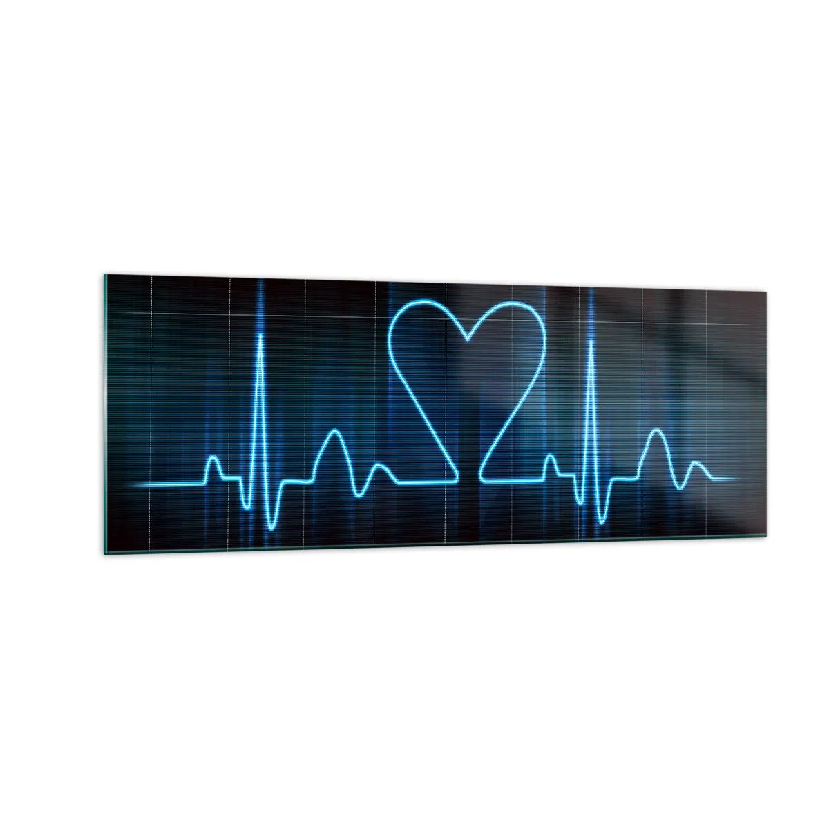 Glasbild - Bild auf glas - Eine Lebenslinie mit einem Herz auf einem medizinischen Überwachungshintergrund in Blautönen. - 140x50cm - Im Rhythmus des Herzens - Moderne Wanddekoration für Wohnzimmer und Schlafzimmer ARTTOR
