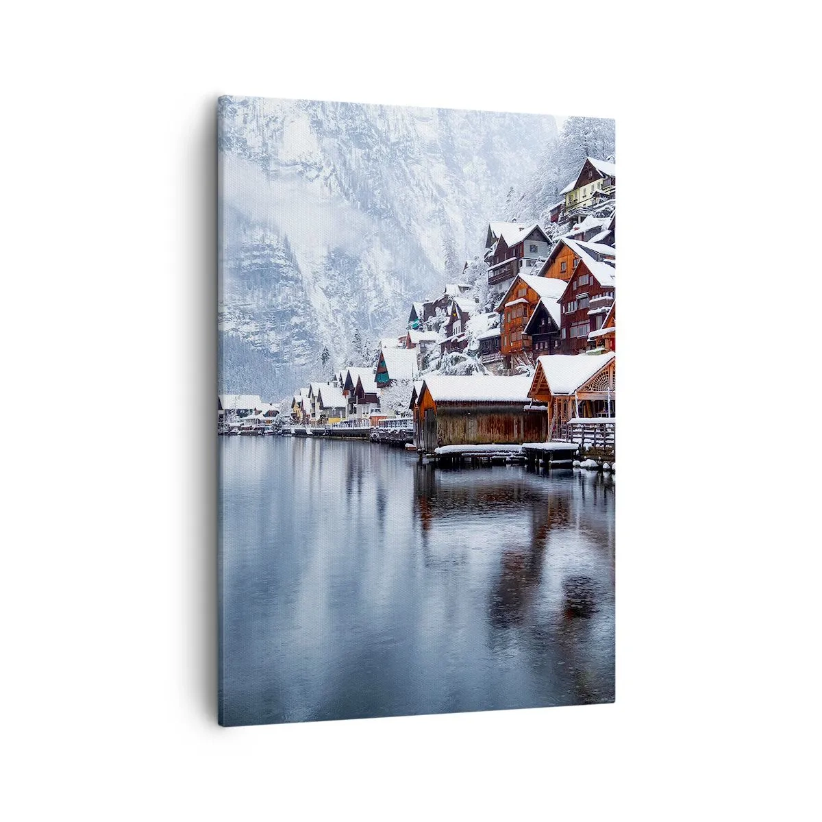 Bild auf Leinwand - Leinwandbild - Winteransicht eines Bergdorfes am See - 50x70cm - In winterlicher Dekoration - Moderne Wanddekoration für Wohnzimmer und Schlafzimmer ARTTOR