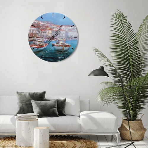 Wanduhr - Glasuhr - Ein malerischer Hafen mit Booten im impressionistischen Stil - 30x30cm - Italienische Bucht - Moderne Wanddekoration für Wohnzimmer, Küche und Schlafzimmer ARTTOR