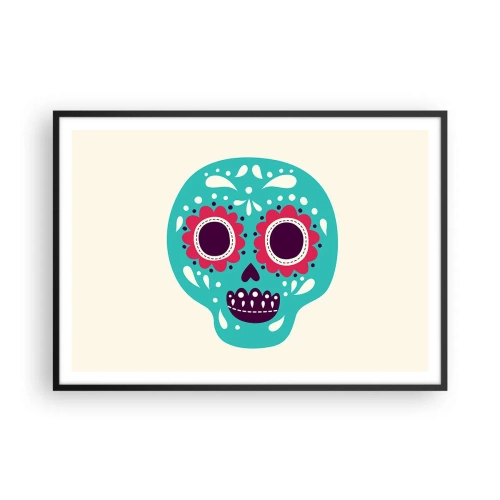 Poster in einem schwarzem Rahmen - Ein türkis-violetter Zuckerschädel, inspiriert von der mexikanischen Kultur - 100x70cm - Das Leben – Spaß bis zum Tod - Moderne Wanddekoration für Wohnzimmer und Schlafzimmer ARTTOR
