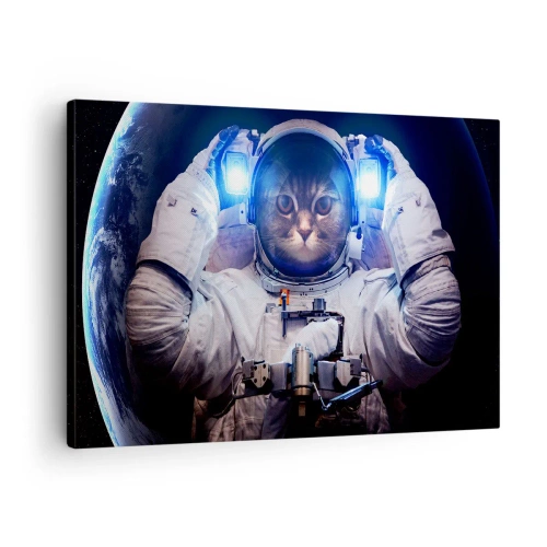 Bild auf Leinwand - Leinwandbild - Eine Katze im Astronautenanzug mit der Erde im Hintergrund und einem hellen Licht. - 70x50cm - Houston, du hast ein Problem - Moderne Wanddekoration für Wohnzimmer und Schlafzimmer ARTTOR