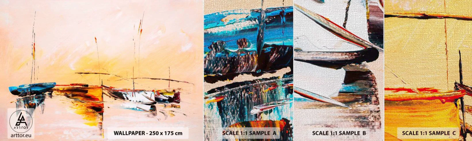 Fototapeten Muster Premium Canvas - Abend im Yachthafen - Boote, Segelboote, Stück - 100x30 cm