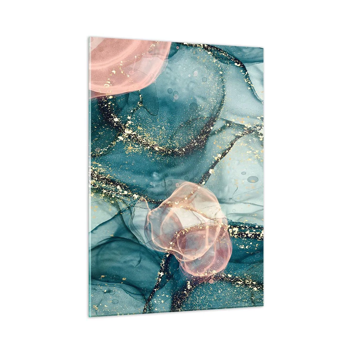 Glasbild - Bild auf glas - Abstrakte Formen in Blau und Pink mit goldenen Details - 50x70cm - Seidenblau, Tüllrosa - Moderne Wanddekoration für Wohnzimmer und Schlafzimmer ARTTOR
